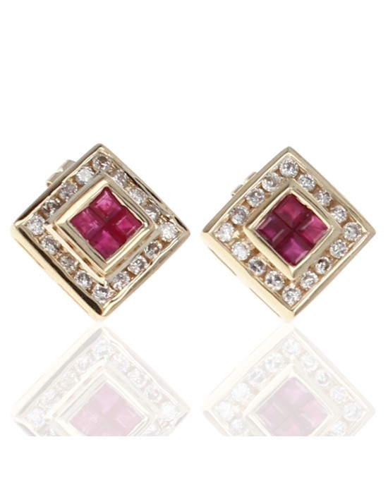 Square Ruby and Round Diamond Halo Earrings